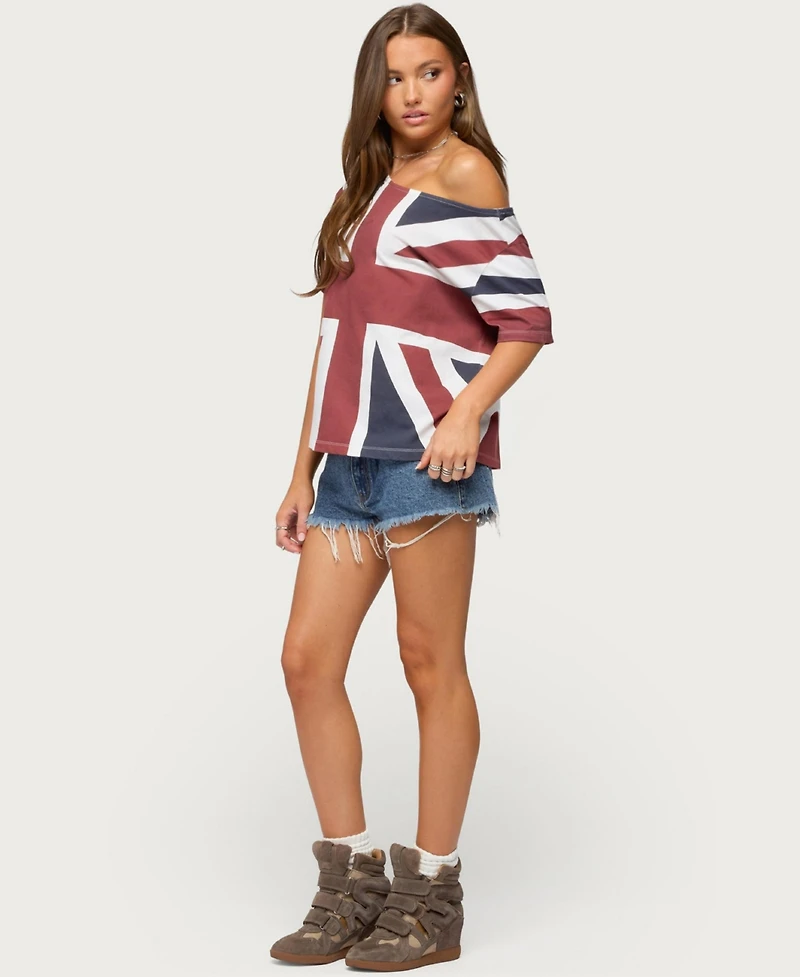 Edikted Women's Union Jack Short-Sleeve Off-Shoulder T-Shirt