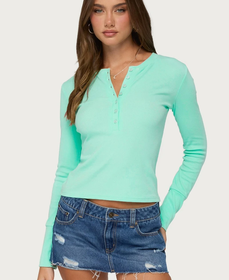 Edikted Women's Yerin Long-Sleeve V-Neck Ribbed Henley