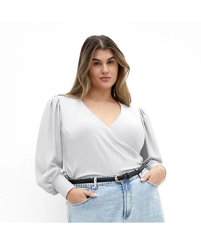 City Chic Plus Glowing Lurex Long-Sleeve V-Neck Faux-Wrap Blouse