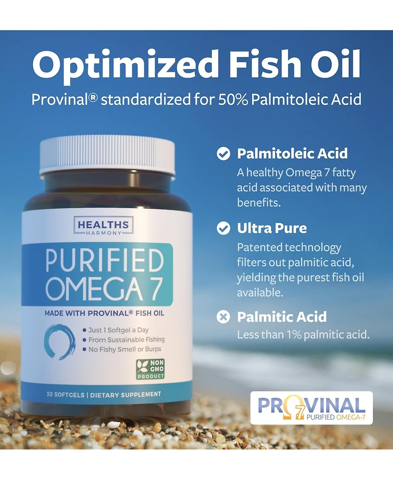 Healths Harmony Purified Omega 7 Softgel Capsules, Provinal Peruvian Anchovy Fish Oil Supplement, Health's Harmony, 30 Count