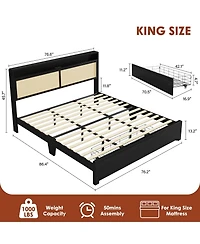 homfan Wooden Rattan Bed Frame Bohemian with Storage and Led Lights | Cane Headboard Charging Station, Slats, Noise-free, No Box Spring