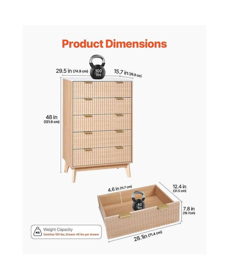 Slickblue 5 Drawer Fluted Dresser with Storage for Bedroom and Hallway