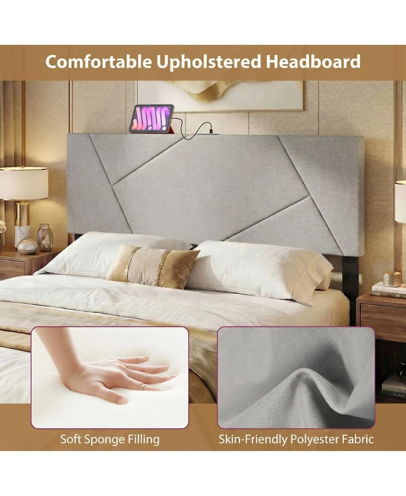 Sugift Geometric Upholstered Headboard for Full and Queen Size Bed with Charging Station
