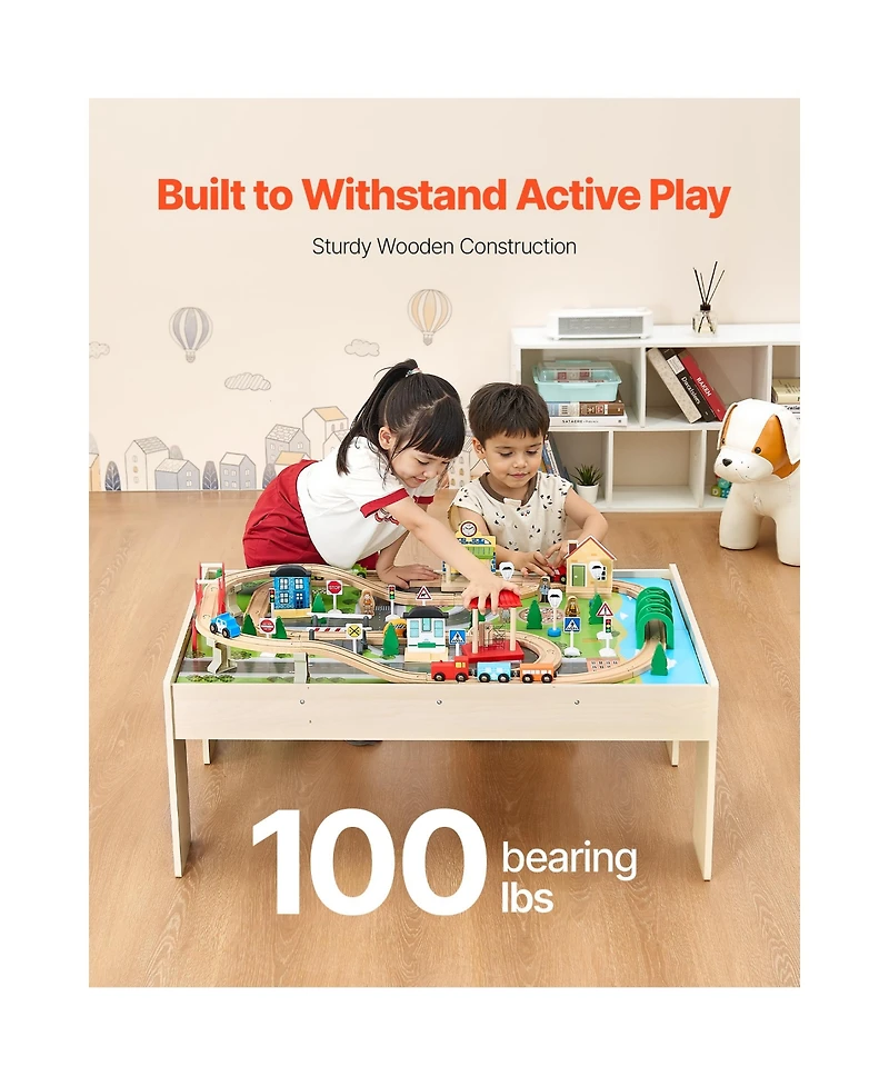 Hongge 84-Piece Reversible Tabletop Wooden Train Table with Collapsible Storage Bin