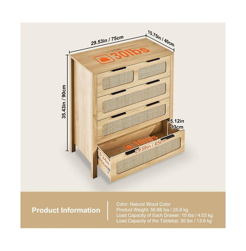 Slickblue 4 Drawer Rattan Dresser with Spacious Storage for Bedroom