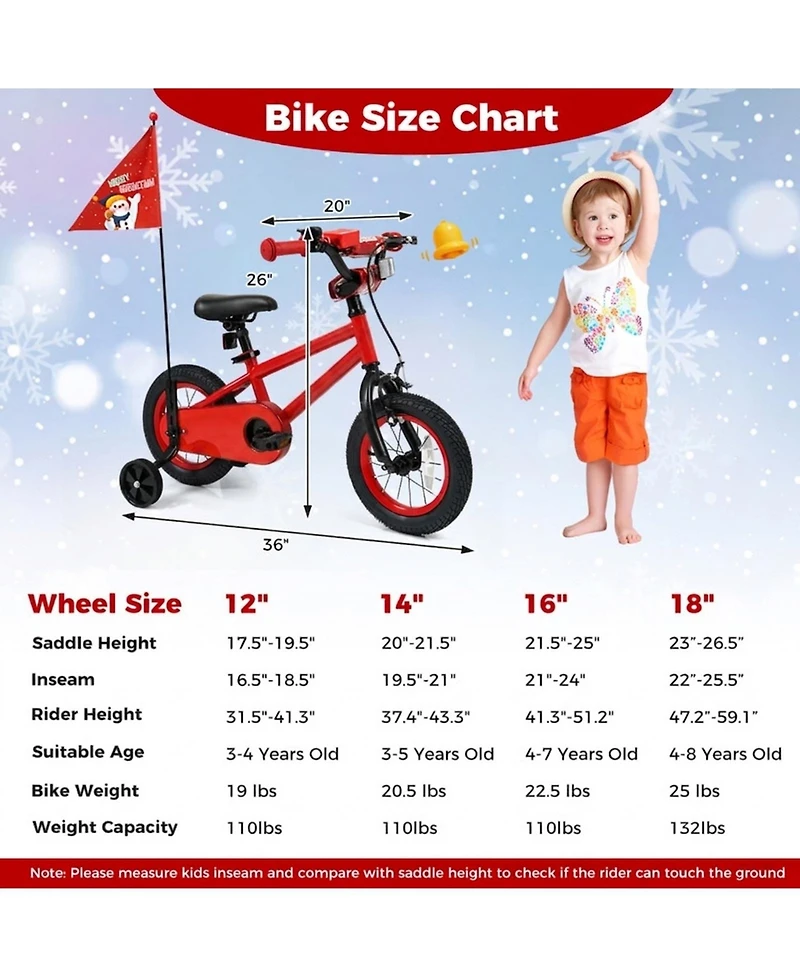 Hongge 12-Inch Metal Kids Bike with Safety Flag and Training Wheels, Ages 3+