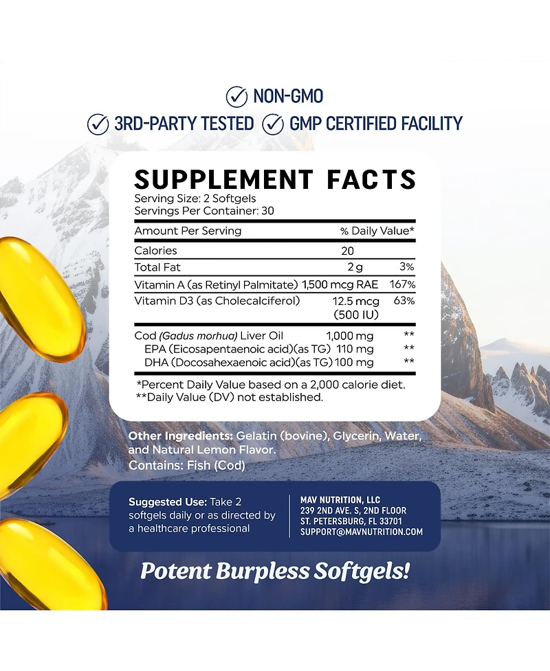 Mav Nutrition Cod Liver Softgels 1000 Milligram, 60 Count