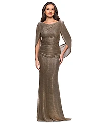Betsy & Adam Petite Mother of Bride Metallic-Crinkle Long-Sleeve Gown