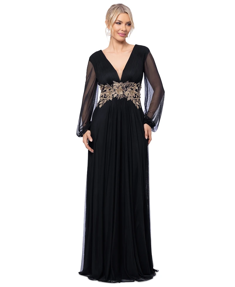 Betsy & Adam Plus Floral-Applique Long-Sleeve V-Neck Gown
