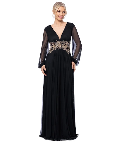 Betsy & Adam Plus Floral-Applique Long-Sleeve V-Neck Gown