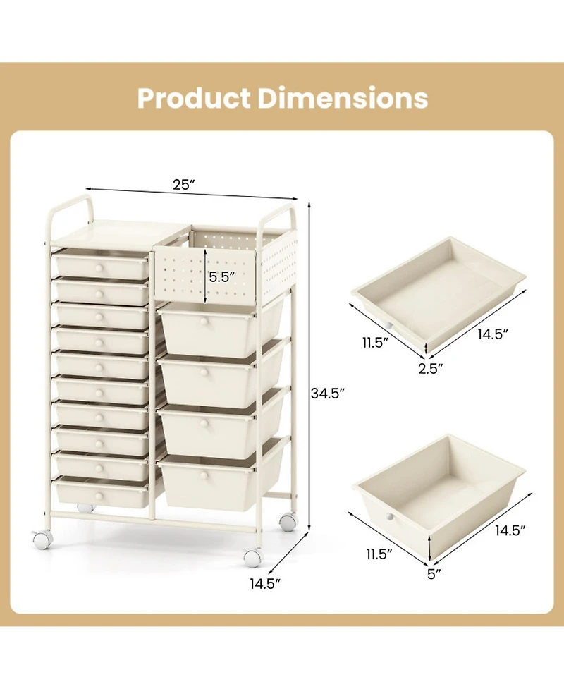 Sugift 14-Drawer Rolling Storage Cart with Metal Tabletop and Pegboard