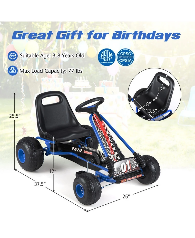 Sugift Kids 4-Wheel Pedal Go Kart with Adjustable Seat and Multi-Terrain Wheels, Ages 3-8