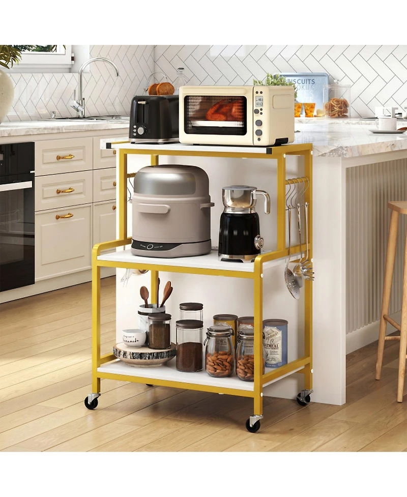Hongge 3-Tier Rolling Microwave Cart with Charging Station and 10 Storage Hooks