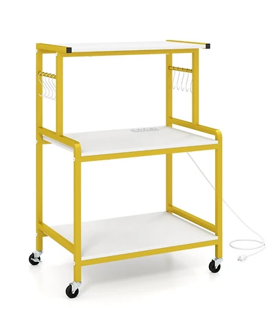 Hongge 3-Tier Rolling Microwave Cart with Charging Station and 10 Storage Hooks