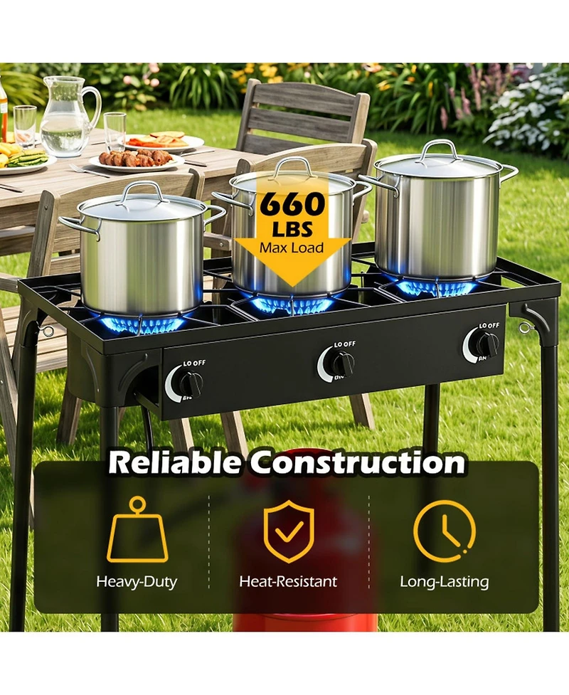 Hongge 3 Burner Propane Stove 240000 Btu with Adjustable Regulator and Hose for Camping