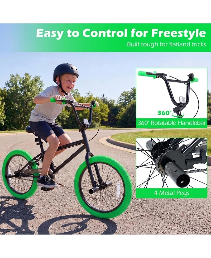 Hongge 20-Inch Freestyle Trick Bike with 360-Degree Steering and 4 Pegs, Ages 8+