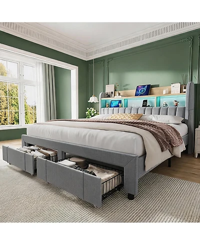 homfan Upholstered Bed with 2 Drawers and Led Lights | Platform Charging Station Storage Headboard, Heavy Duty, No Box Spring Needed