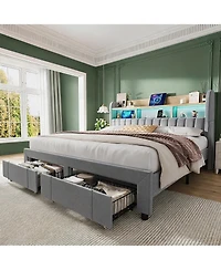 homfan Upholstered Bed with 2 Drawers and Led Lights | Platform Charging Station Storage Headboard, Heavy Duty, No Box Spring Needed