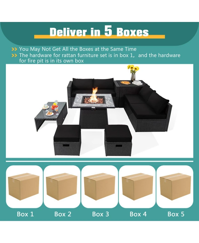 Gouun 9 Piece Outdoor Wicker Sectional Conversation Set with 35 50000 Btu Gas Fire Pit Table