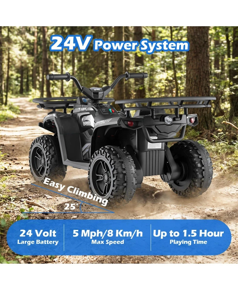 Hongge 24V Kids Electric Ride-On Quad Atv, Dual Motors, Led Headlights & Off-Road, 39.5" x 21" x 22", 66 lbs., Ages 3+