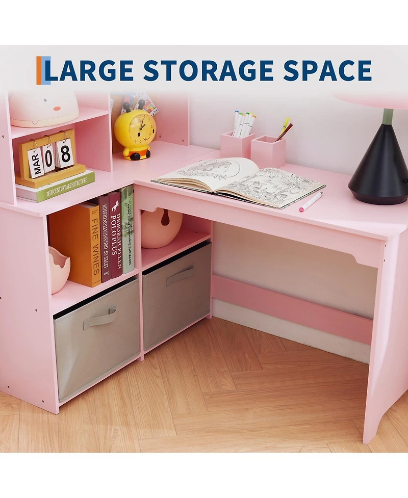 homfan L Shape Kids Desk and Chair Set with Bulletin Board, Open Shelves, Storage Cabinets, and Cloth Drawers, for Study and Play
