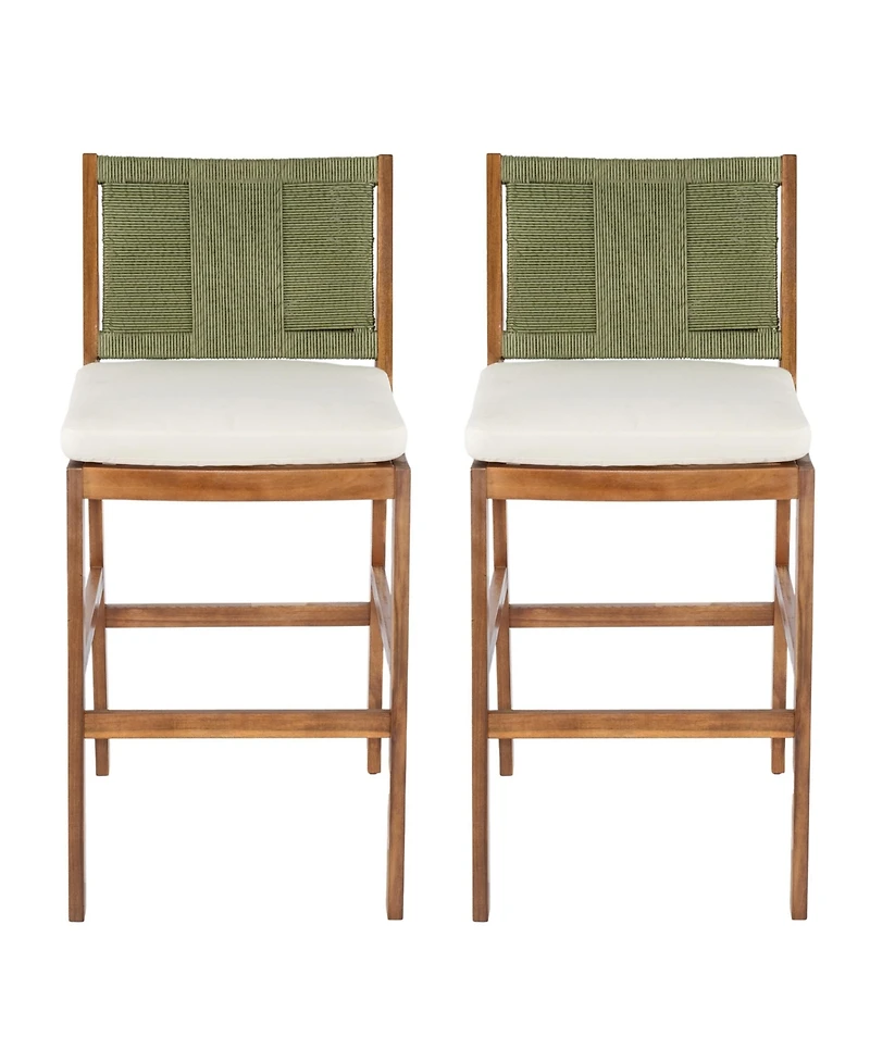 Flynama Set of 2 Outdoor Acacia Wood Bar Height Stools, Teak Finish with Cushion and Wicker Back