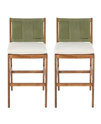 Flynama Set of 2 Outdoor Acacia Wood Bar Height Stools, Teak Finish with Cushion and Wicker Back