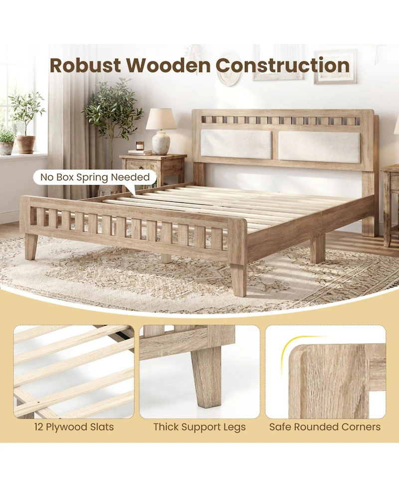 Sugift Queen Wood Bed Frame with Upholstered Headboard and 12 Plywood Slats