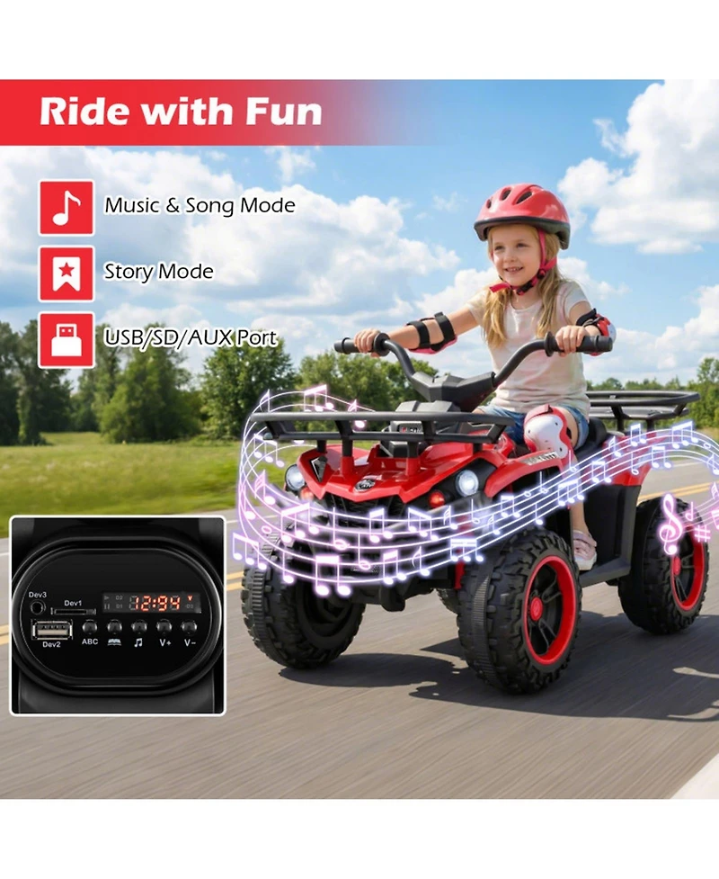 Hongge 24V Electric Ride-On Quad with Led Headlights and Media Console, 66 lb. Capacity, Ages 3+