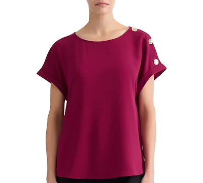 Jones New York Petite Shoulder-Button-Detail Short-Sleeve Boat-Neck Blouse
