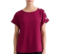 Jones New York Petite Shoulder-Button-Detail Short-Sleeve Boat-Neck Blouse