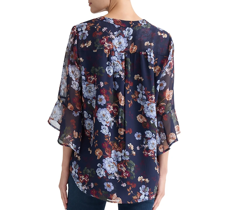 Jones New York Petite Floral-Print V-Neck 3/4-Length Flutter-Sleeve Blouse