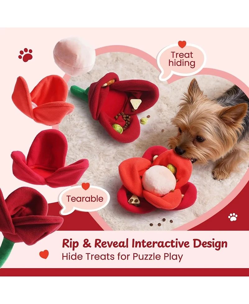 Nocciola Rose Blossom Dog Valentines Toy, Squeaky and Crinkle Rose with Tearable Petals, Hide and Seek Enrichment Toy for Dogs