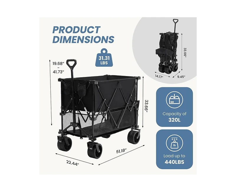Mountaintop Folding Double Decker Wagon with Brakes, 54" Extra Long Extended Cart, Equipped with 7" All-Terrain Big Wheels for Camping, Sports.