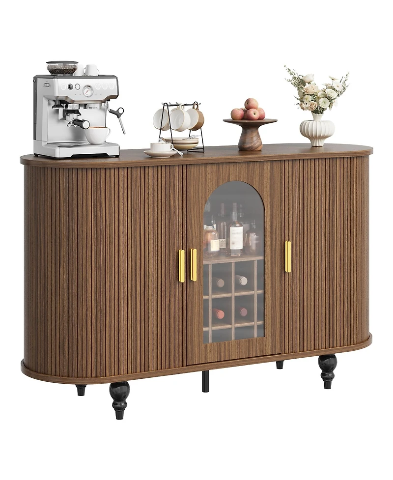 gaomon 55" Mid-Century Bar Cabinet with Sliding Door, Detachable Wine Rack and Glass Holder