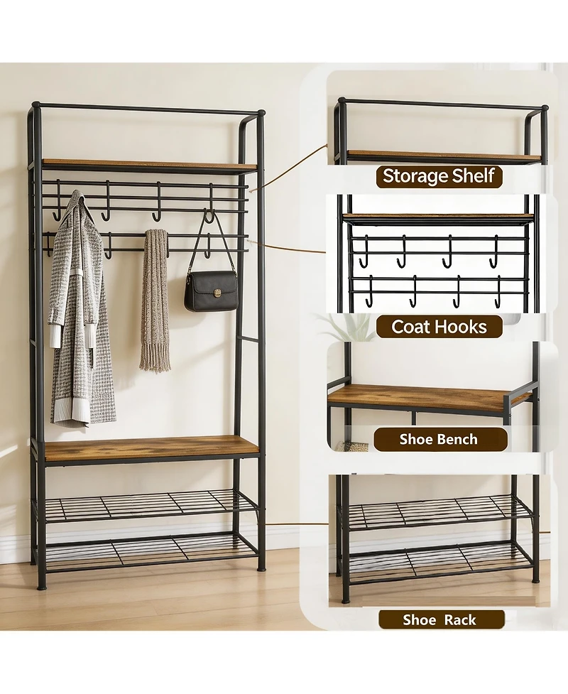 Gaomon Entryway Hall Tree - Industrial Coat Rack and Storage Bench, 8 Hooks, 2-Tier Shoe Shelf, Quick 20-Min Assembly