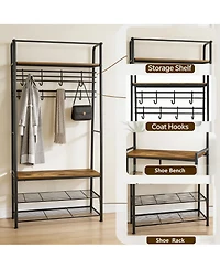Gaomon Entryway Hall Tree - Industrial Coat Rack and Storage Bench, 8 Hooks, 2-Tier Shoe Shelf, Quick 20-Min Assembly