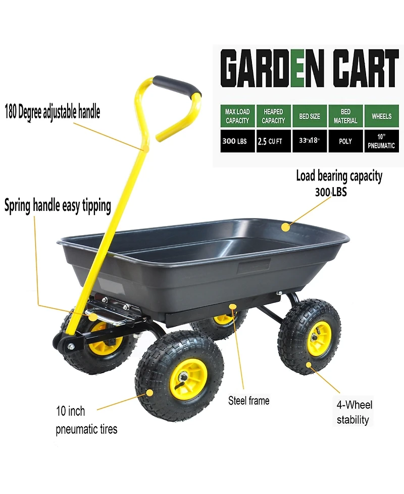 Mountaintop Foldable Multi-Functional Garden Dump Wagon Cart,300lb 55L Steel Frame,10" Pneumatic Tires, Cart for Yard, Lawn, Outdoor
