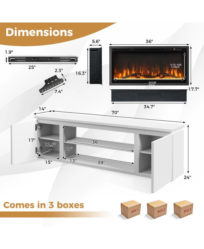 Sugift Fireplace Tv Stand for TVs up to 80 Inch with 3 Adjustable Shelves and 36-Inch Electric Fireplace