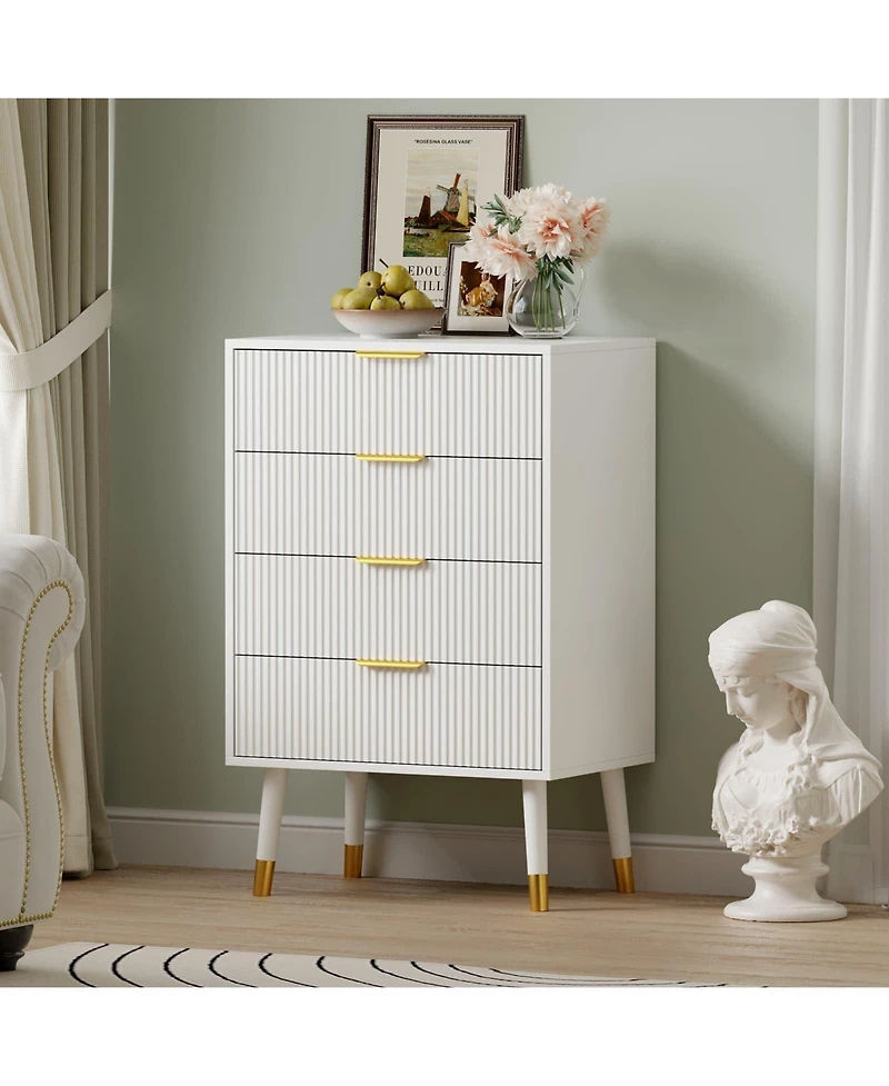 homfan Modern Fluted Storage Nightstands, 4-Drawer Compact Bedroom Side Tables with Metallic Pull Handles, Multi-Purpose Accent Furniture for Indoor