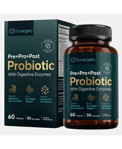 Sunergetic 4-in-1 Probiotic Prebiotic Postbiotic Digestive Enzymes for Men and Women, Gut Health and Immunity Support, 60 Count