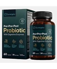 Sunergetic 4-in-1 Probiotic Prebiotic Postbiotic Digestive Enzymes for Men and Women, Gut Health and Immunity Support, 60 Count