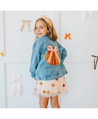 Sweet Wink Little Girls Coquette Pumpkin Sequin Patch Denim Jacket