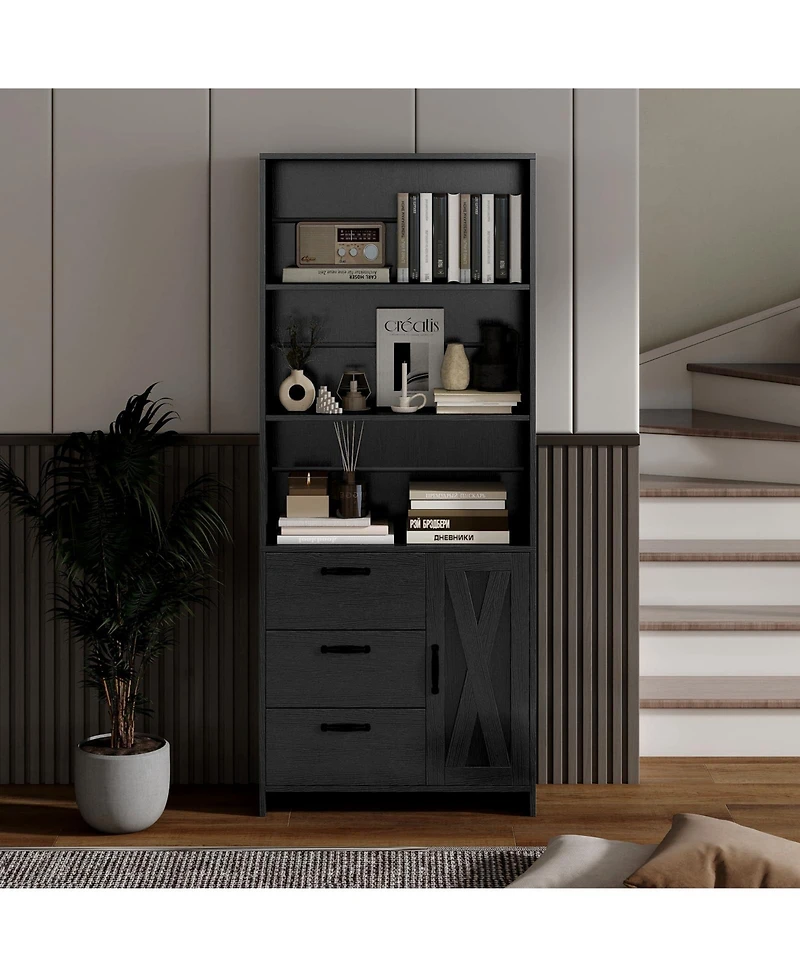homfan 71" Tall Black Bookcase with Doors and 3 Drawers, 3-Tier Open Shelves