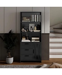 homfan 71" Tall Black Bookcase with Doors and 3 Drawers, 3-Tier Open Shelves