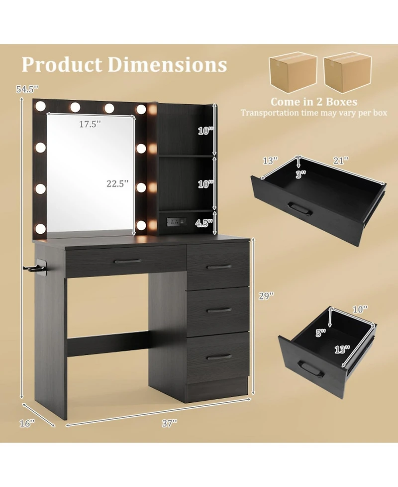 Sugift Vanity Desk with 3-Color Lighted Mirror Power Outlets and 4 Drawers