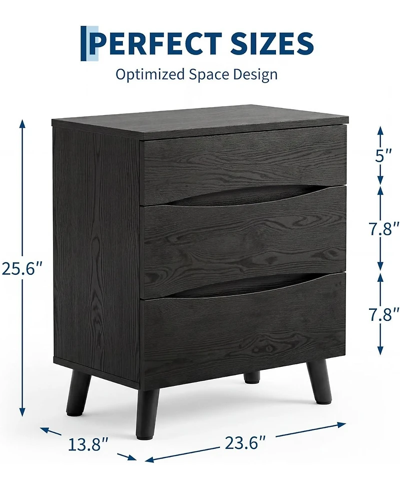 Gaomon Set of 2 Black Nightstands with 3 Drawers and Wood Top, 24" Wide Bedside Tables