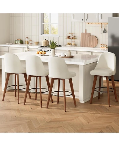 gaomon Set of 4 White Linen 360degree(s) Swivel Counter Stools with Wood Legs and Back, 26" Seat Height