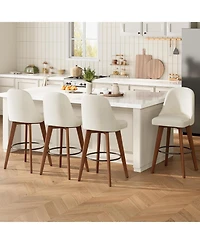 gaomon Set of 4 White Linen 360degree(s) Swivel Counter Stools with Wood Legs and Back, 26" Seat Height