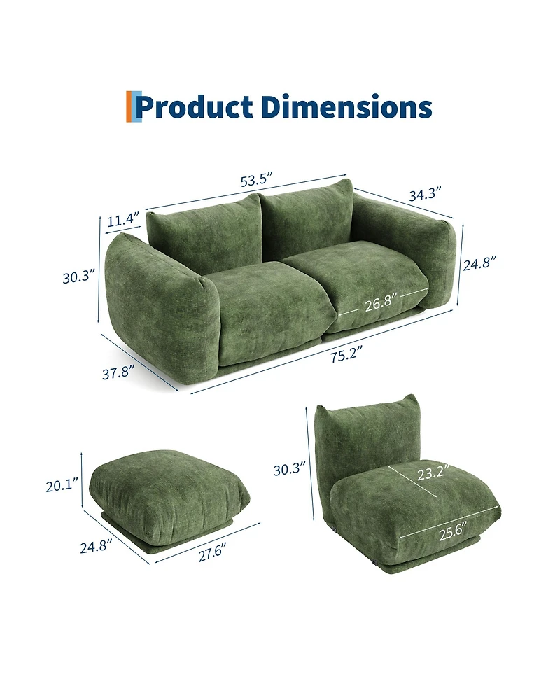 homfan Loveseat Sofa, Cloud Couch with 23.2" Deep Seat, Chenille Fabric Modern Sofa Set with High Resilience Sponge for Living Room, Apartment